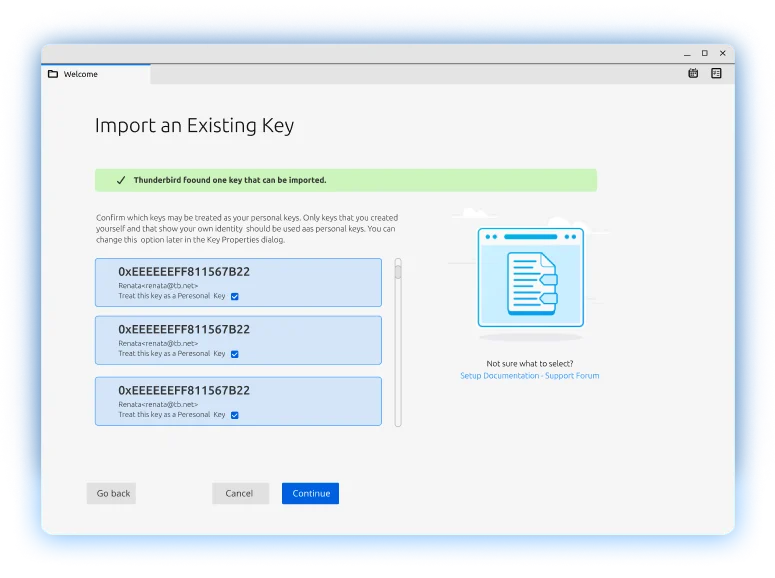 Import an Existing key view in Thunderbird